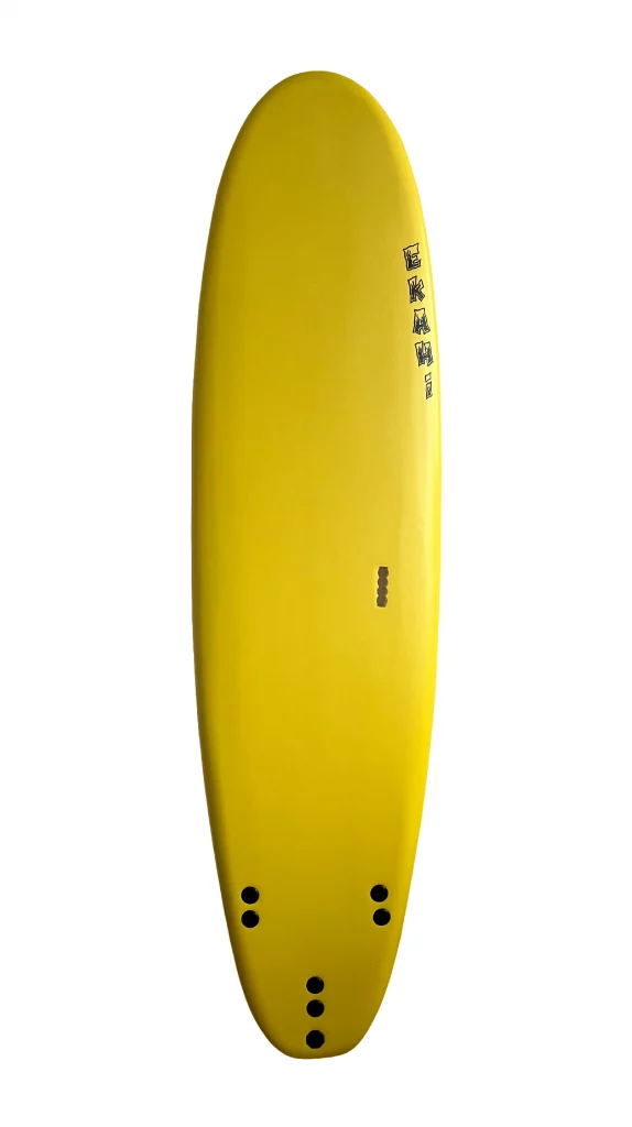 Ekahi 8 carbon surfboard, yellow deck, top deck view