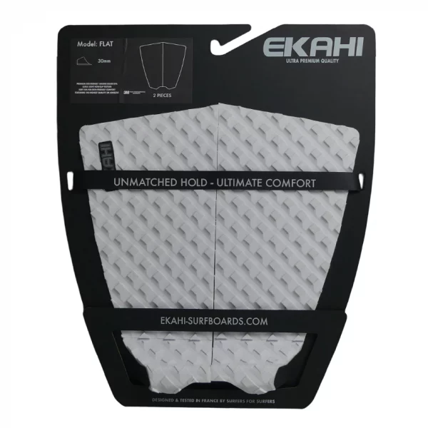 View of a EKAHI white Flat surf traction pad with no arch with a square pattern and 3M adhesive technology in the packaging.