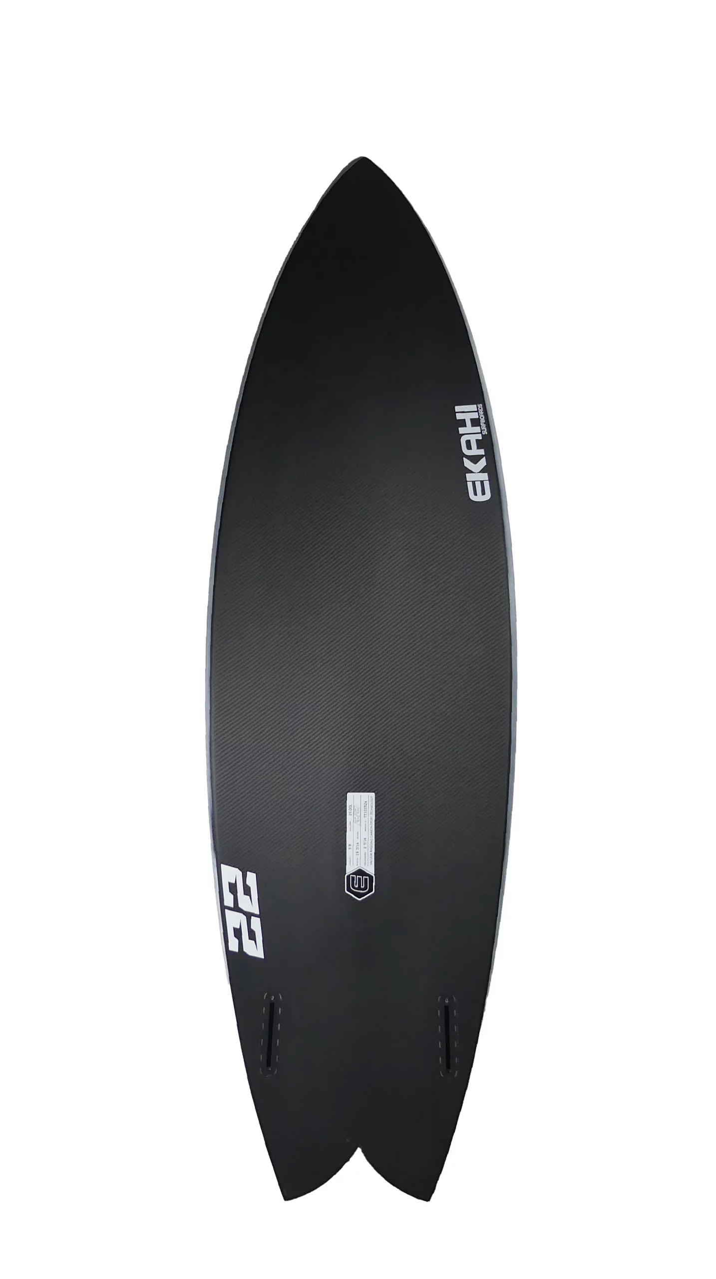 Bottom view of Ekahi pearl white Twenty Two surfboard, a twin fin carbon fish, available in 5'8 and 5’10