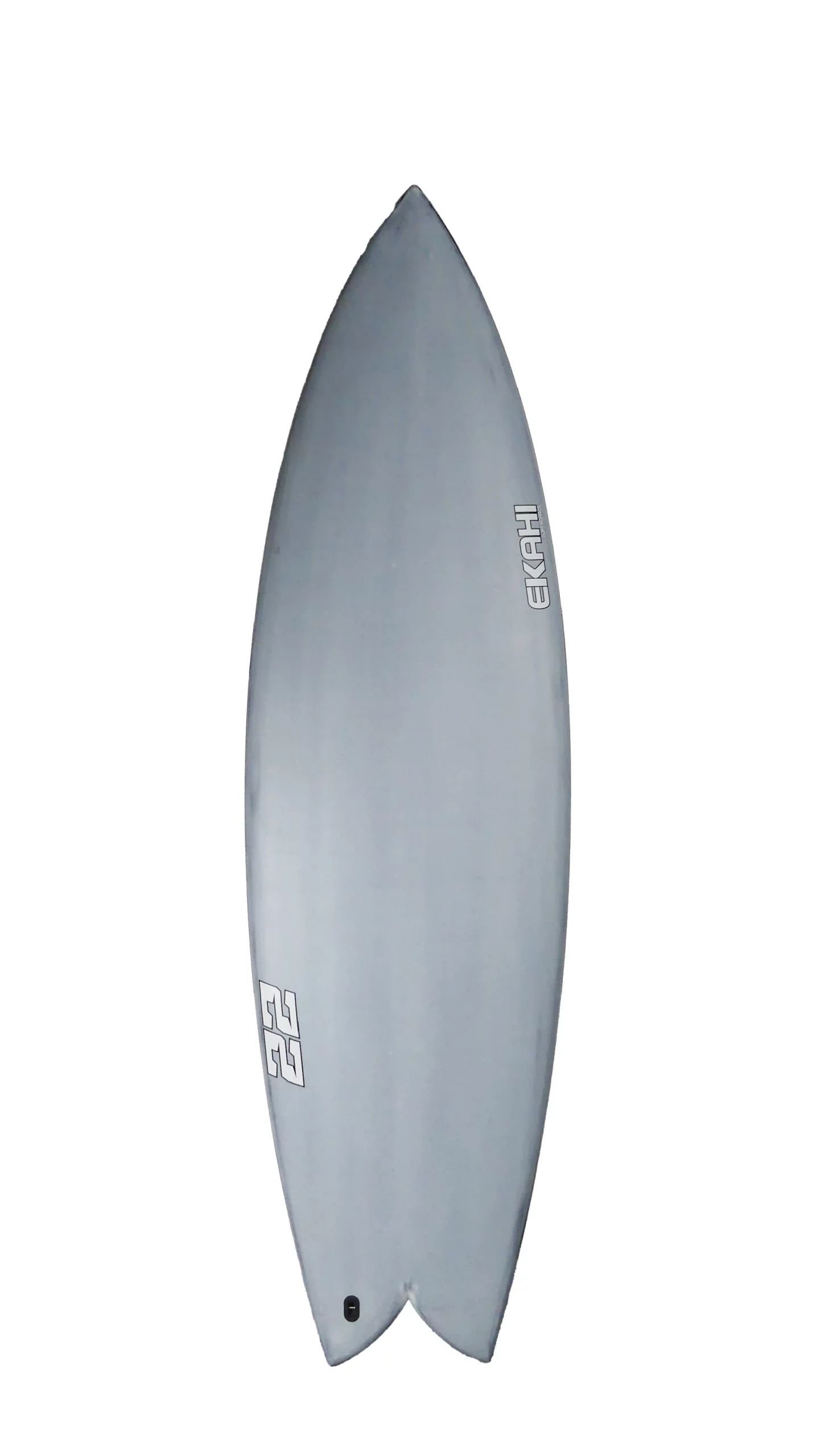 Top view of Ekahi pearl white Twenty Two surfboard, a twin fin carbon fish, available in 5'8 and 5’10