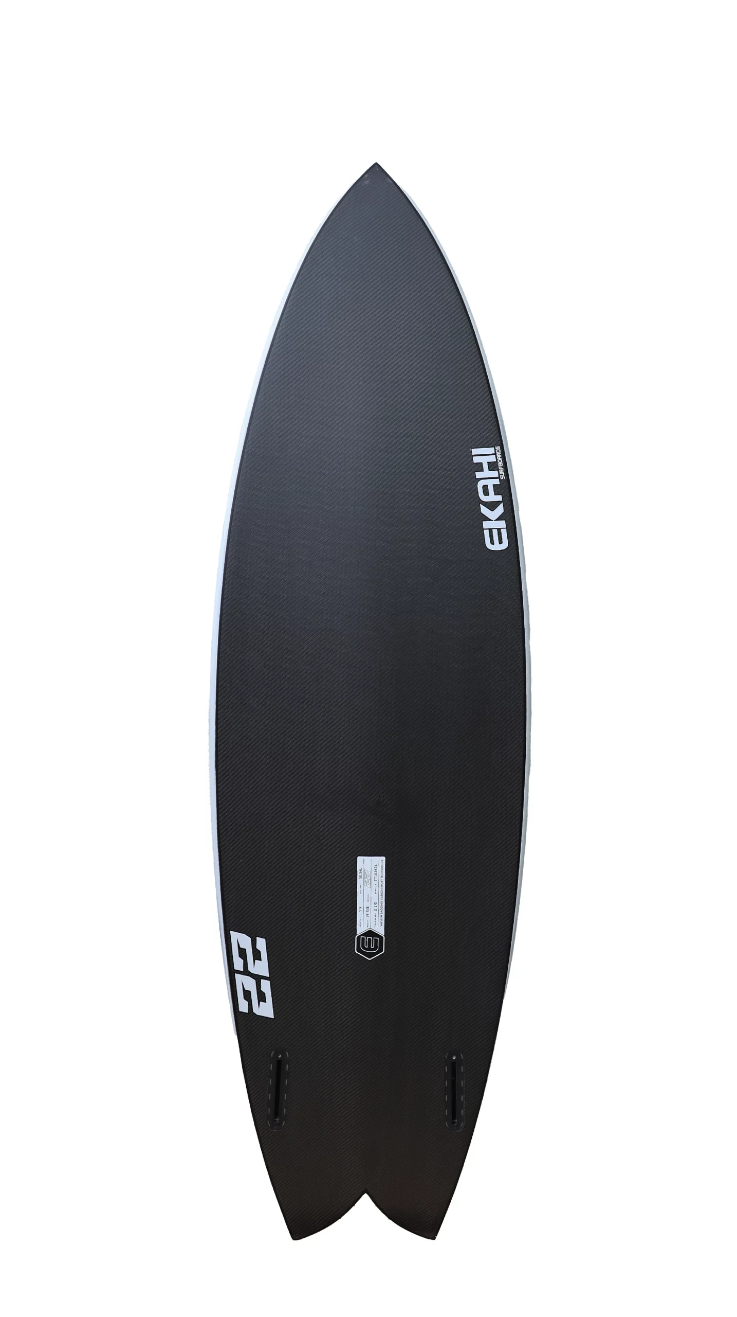 Bottom view of Ekahi white 22 surfboard, a twin fin carbon fish, available in 5’9 and 5'11.