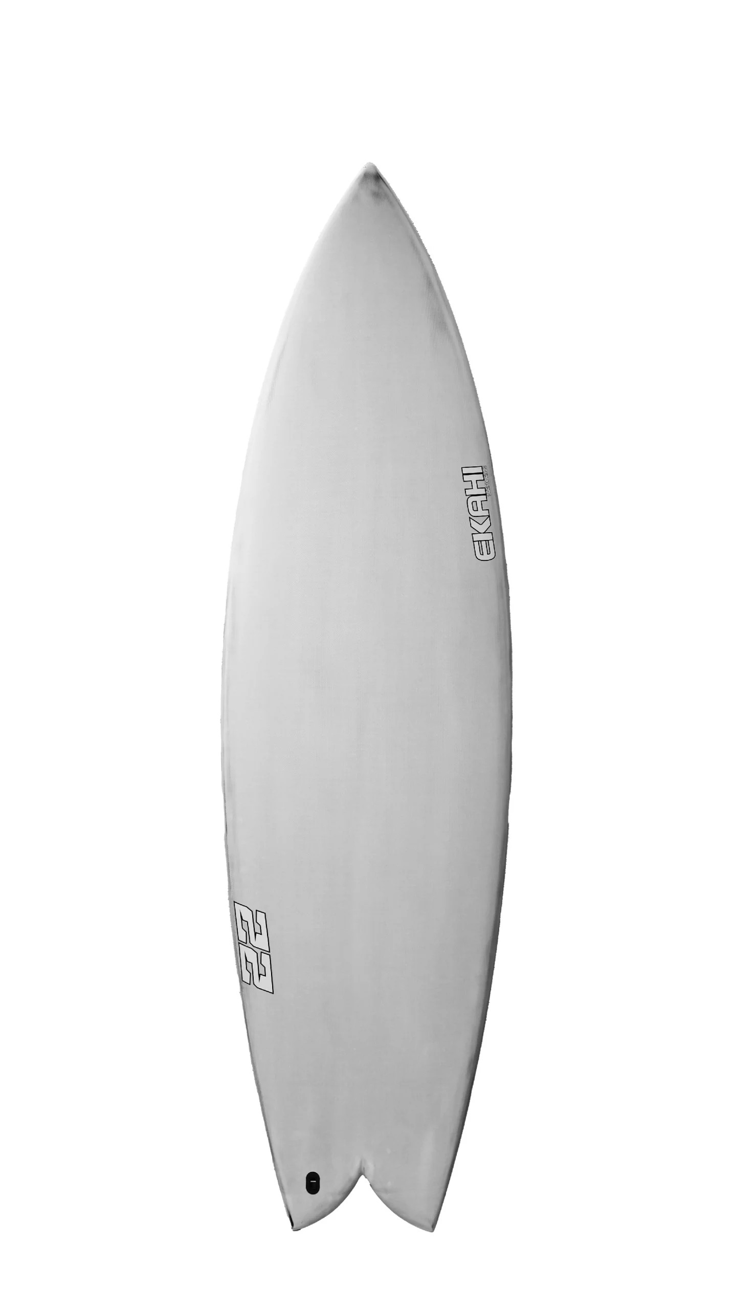 Top view of Ekahi white 22 surfboard, a twin fin carbon fish, available in 5’9 and 5'11.