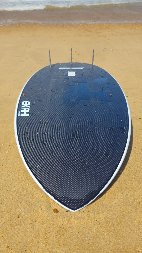 Ekahi 53 carbon surfboard, white deck, bottom view