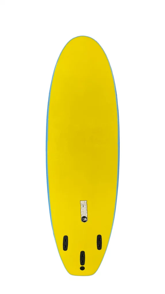 Ekahi 6 Yellow carbon surfboard, blue deck, bottom view