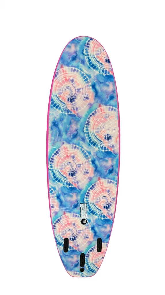 Ekahi 6 Art2 carbon surfboard, pink deck, bottom view