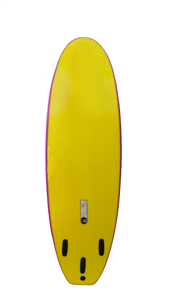 Ekahi 6 Yellow carbon surfboard, pink deck, bottom view