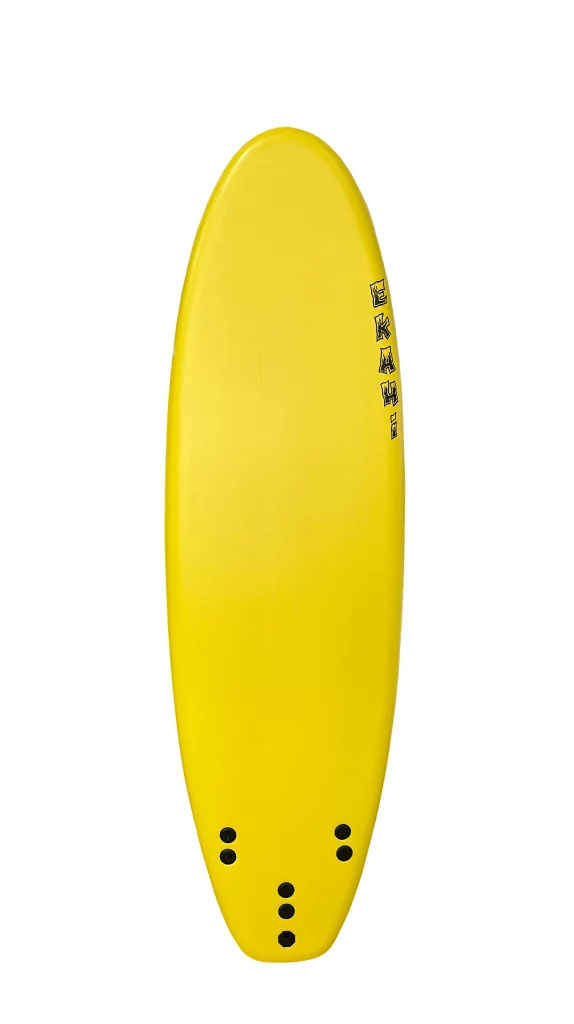 Ekahi 6 carbon surfboard, yellow deck, top deck view