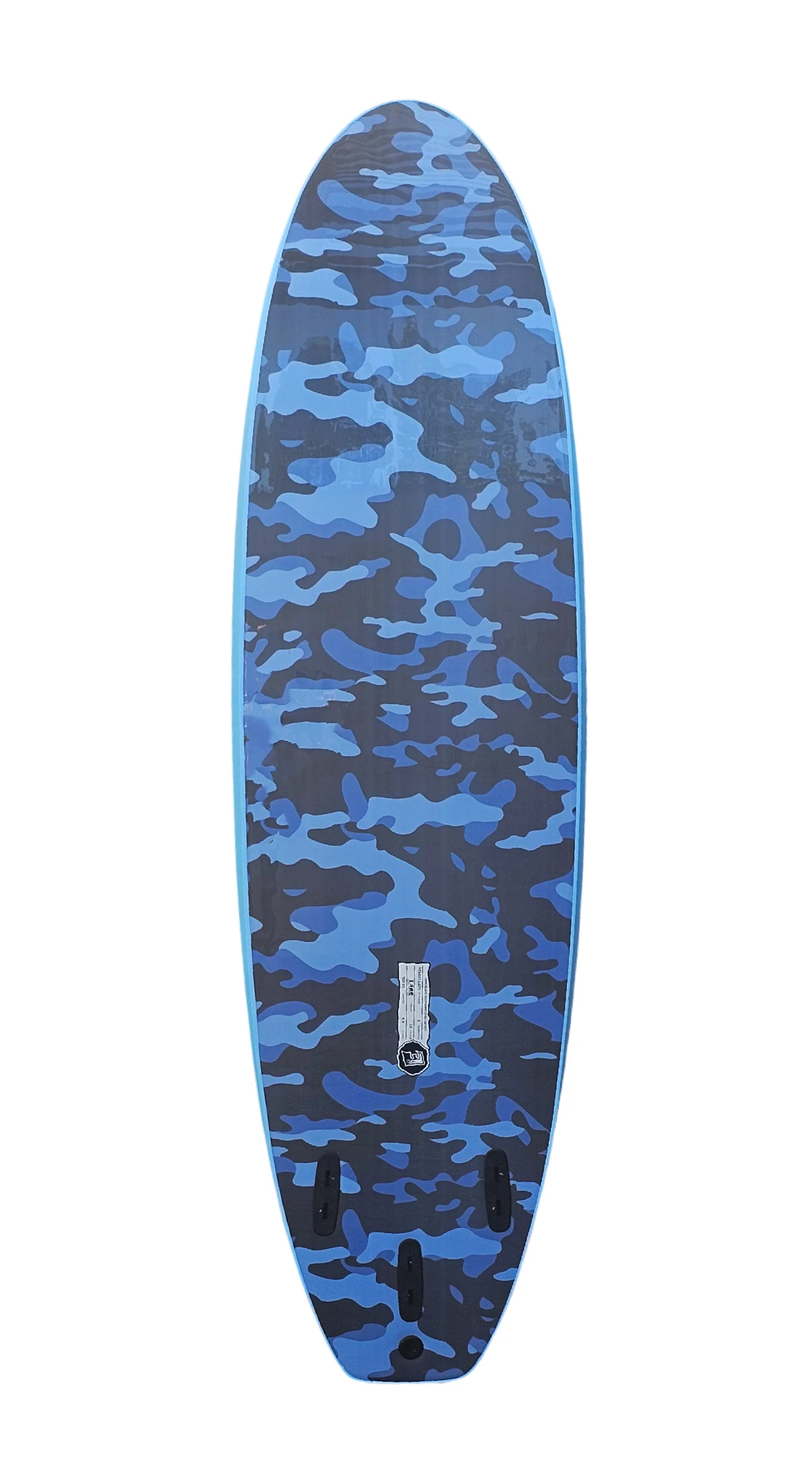 Bottom view of a 6'6 blue camo EKAHI, Beginner, Intermediate to Pro Softboard