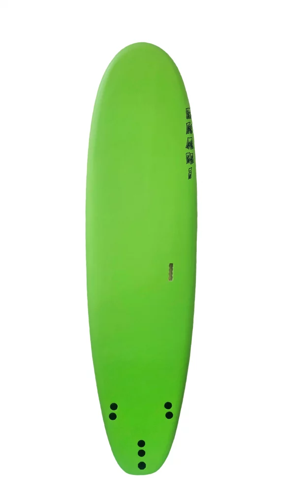 Top view of a green 7' EKAHI Ultimate Shore-Break Soft top Surfboard