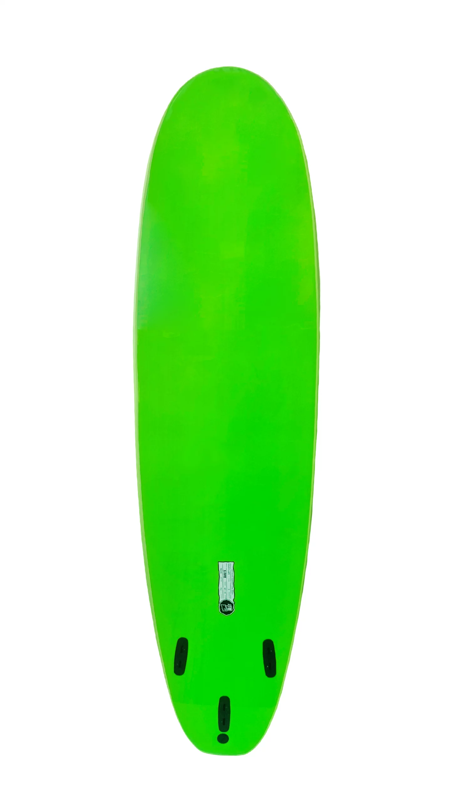 Bottom view of a green 7' EKAHI Ultimate Shore-Break Soft top Surfboard