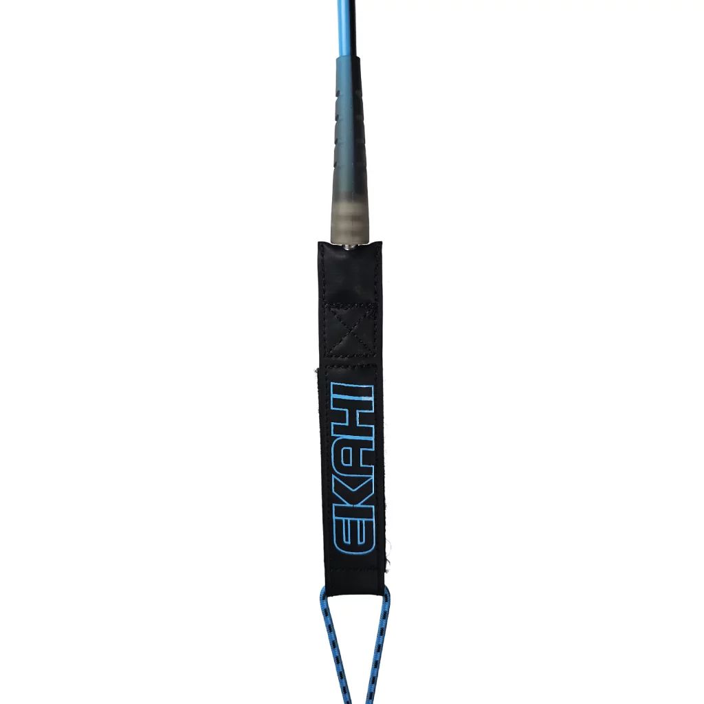 Close-up of the cord and rail saver on a blue Ekahi surf leash