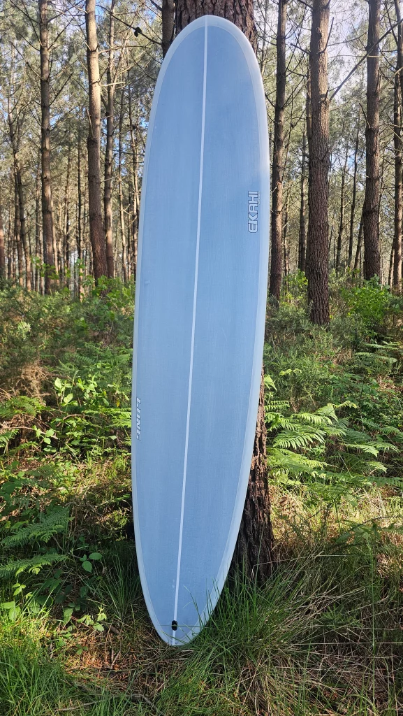 Ekahi Long surfboard standing upright against a tree in a forest, top deck view