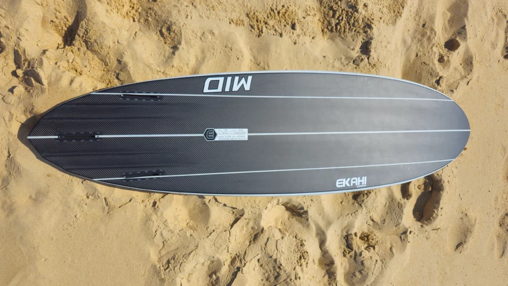 Ekahi Mid carbon surfboard, grey deck, bottom view