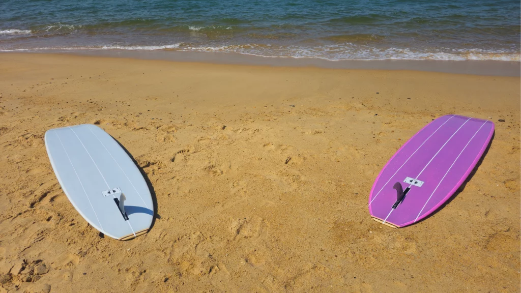 Ekahi Single Pink carbon surfboard, grey deck, bottom view