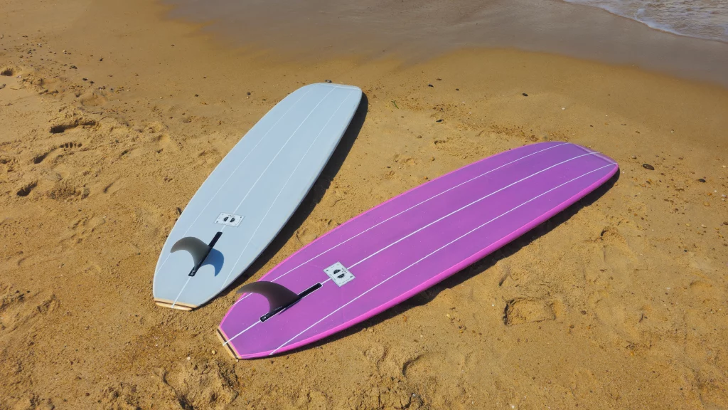 Ekahi Single Pink carbon surfboard, grey deck, bottom view