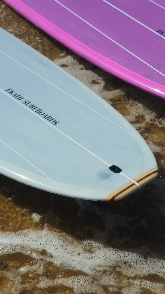 Ekahi Single Pink carbon surfboard, grey deck, top deck view