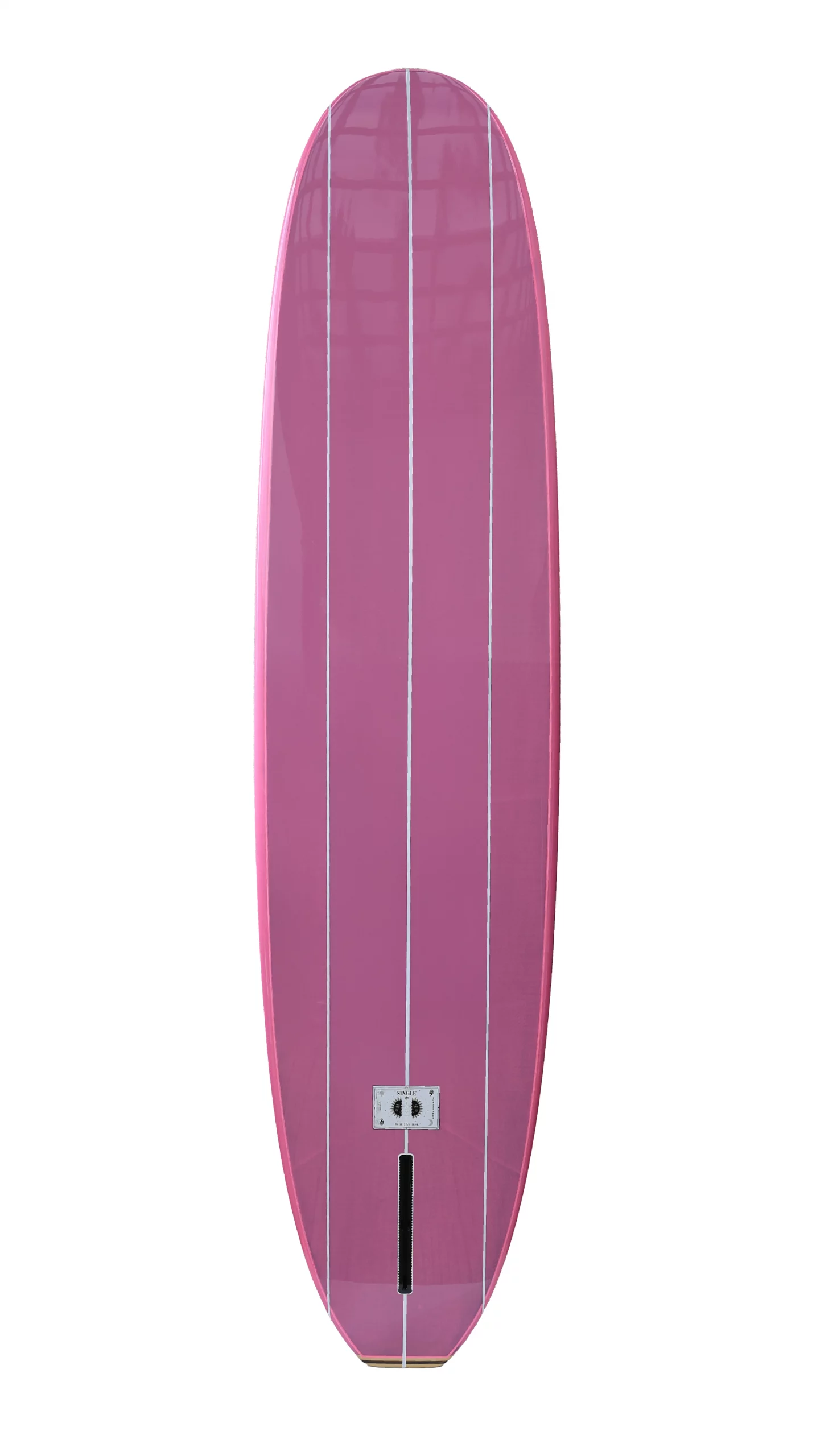Bottom view of a pink carbon Single 8'0 classic longboard, available in 9'1.