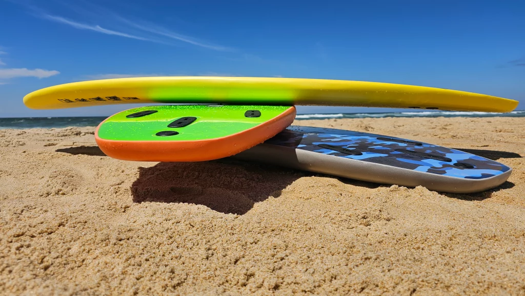Stack of Ekahi soft-top surfboards in yellow, green and blue camo on the sand