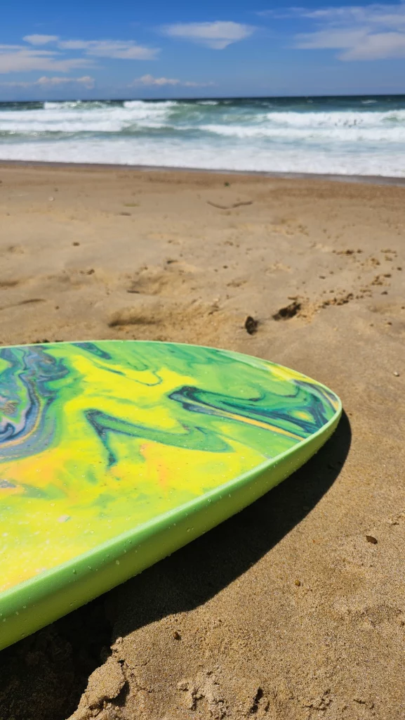 Close-up of the nose of a green and yellow marbled Ekahi soft-top surfboard on the sand