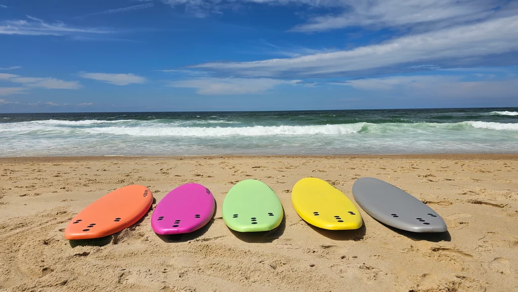 Five Ekahi soft-top surfboards in orange, pink, green, yellow and grey lined up on the sand facing the ocean