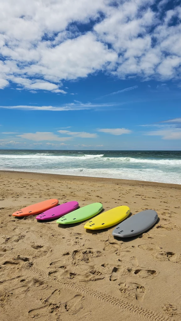 Five Ekahi soft-top surfboards in different colors lined up on the sand facing the waves
