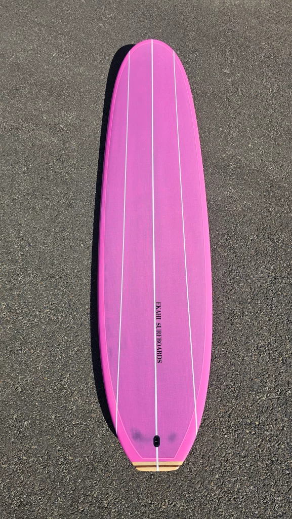 Ekahi Single Bitume carbon surfboard, pink deck, top deck view