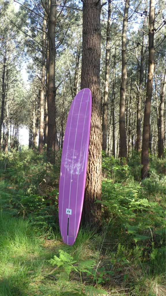Bottom view of EKAHI pink carbon Single classic longboard in the forest, available in 8'0 and 9'1.