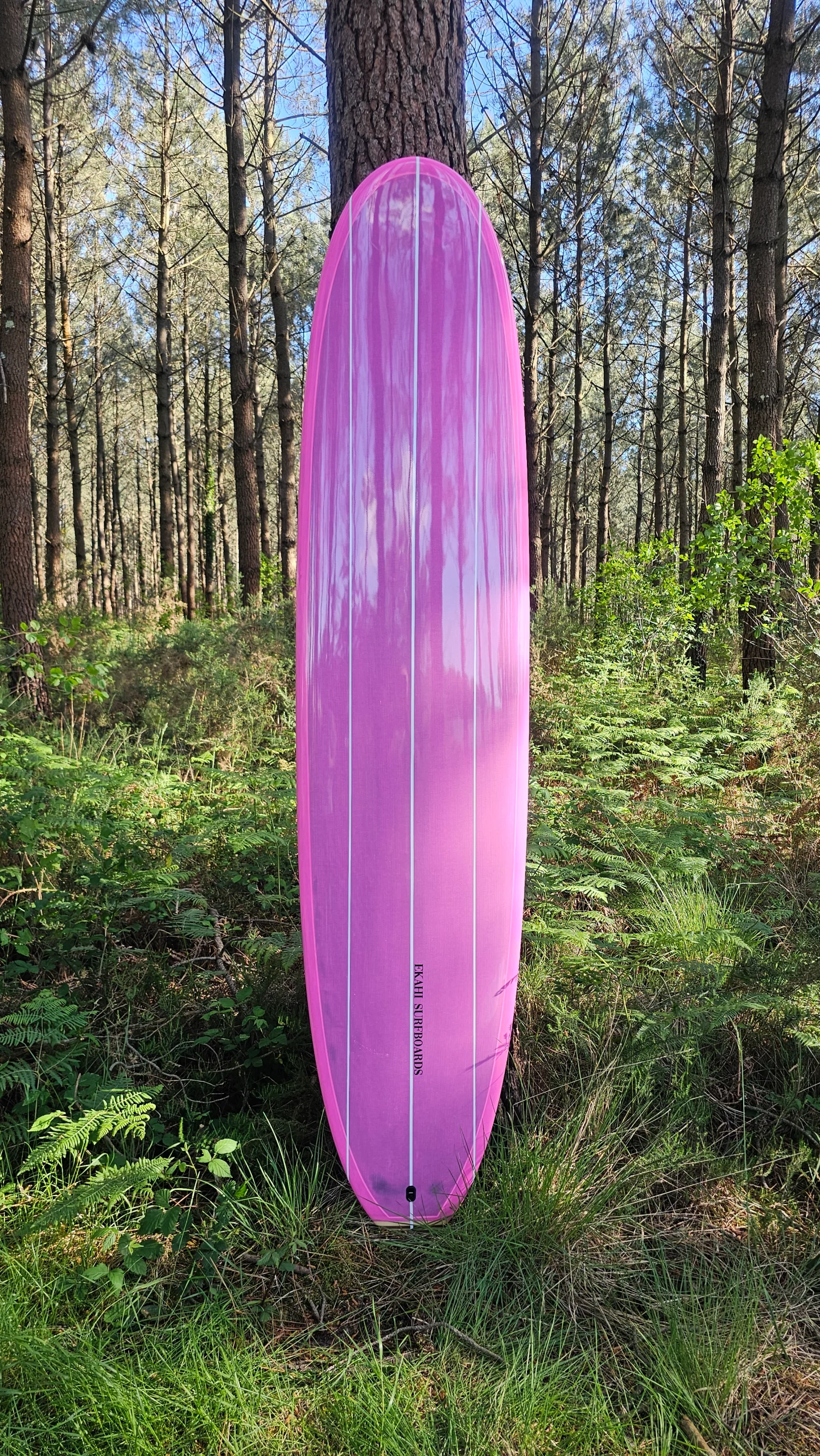 Top view of EKAHI pink Single dual weave carbon longboard on a tree, available in 8'0 and 9'1.