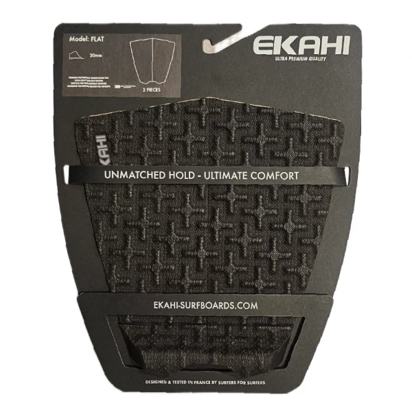 View of a black traction pad in the packaging with + pattern and a 30mm medium kick tail.