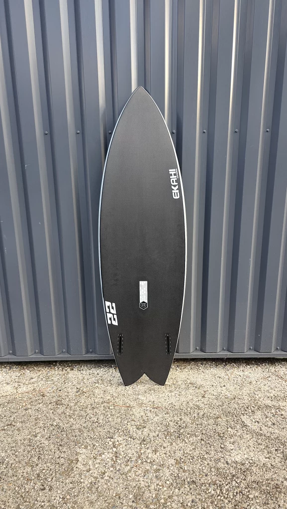 Ekahi 22 carbon surfboard, white deck, bottom view