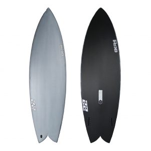 Top and bottom view of Ekahi pearl white Twenty Two surfboard, a twin fin carbon fish, available in 5'8 and 5’10