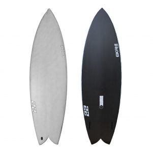 Top and bottom view of Ekahi white 22 surfboard, a twin fin carbon fish, available in 5’9 and 5'11.