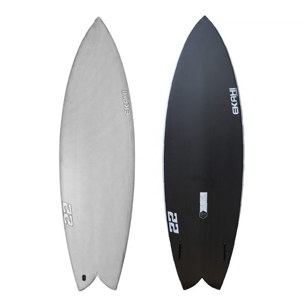 Top and bottom view of Ekahi white 22 surfboard, a twin fin carbon fish, available in 5’9 and 5'11.