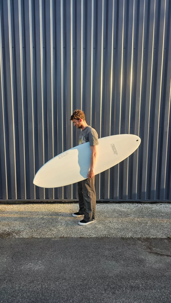Ekahi 53 carbon surfboard, white deck, top deck view