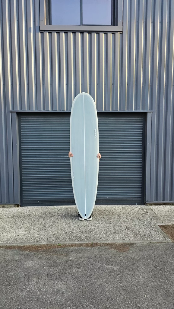 Ekahi Long carbon surfboard, grey deck, top deck view