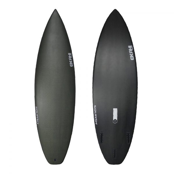 Top and bottom view of Ekahi Squash surfboard for carbon kevlar thruster, available in 5’10, 5’8, 5’9.
