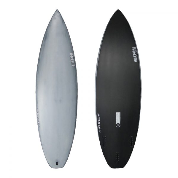 Top and bottom view of Ekahi grey carbon Squash, a performance surfboard, available in 5’10, 5’8, 5’9, 6’2