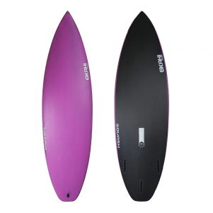 Top and bottom view of Ekahi pink Squash carbon surfboard, available in 5’9