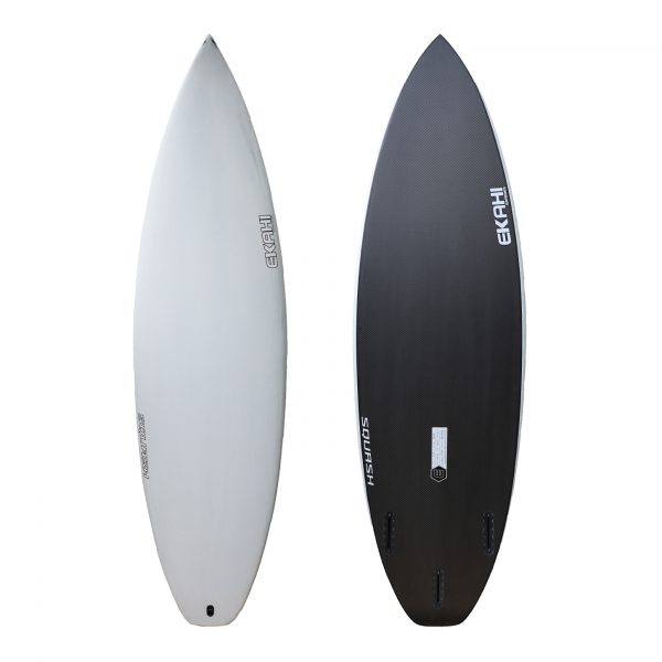 Top and bottom view of Ekahi white vacuum bagging Squash performance surfboard, available in 5’10, 5’11, 5’8, 5’9, 6’1, 6’2