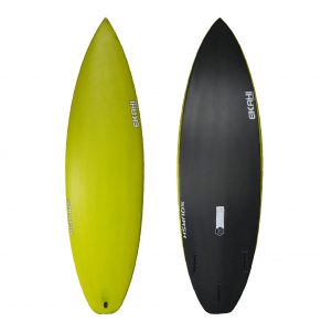 Top and bottom view of Ekahi yellow dual weave carbon technology Squash surfboard, available in 5’9