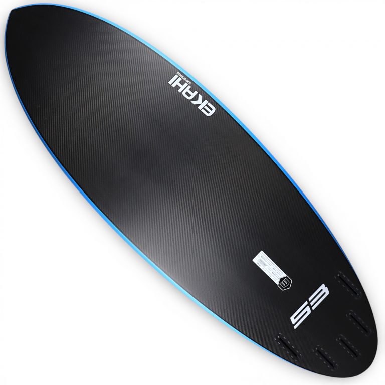 Ekahi 53 carbon surfboard, blue deck, bottom view