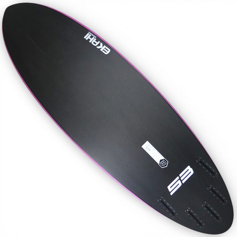 Ekahi 53 carbon surfboard, pink deck, bottom view
