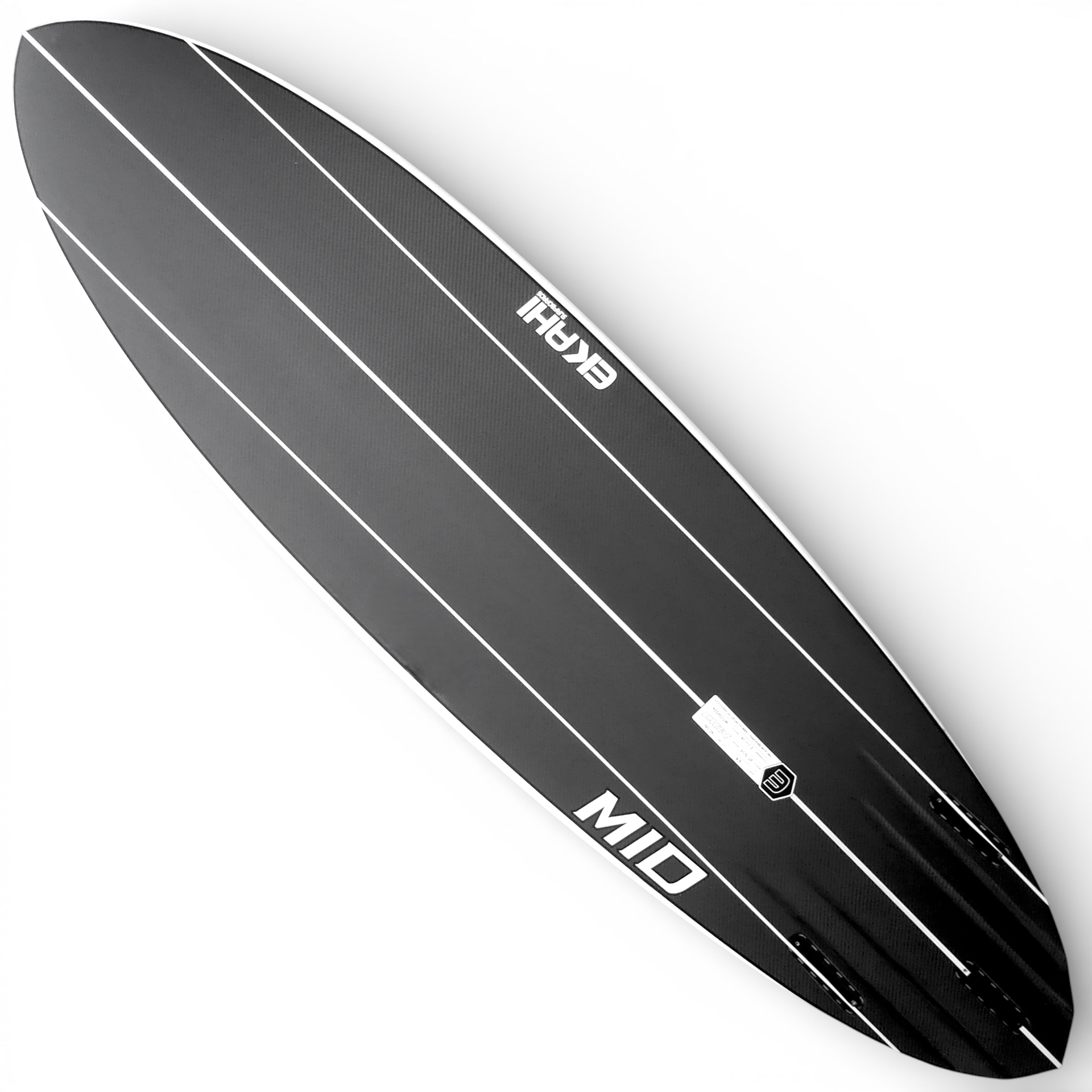 Ekahi Mid carbon surfboard, white deck, product photo, thruster fin setup