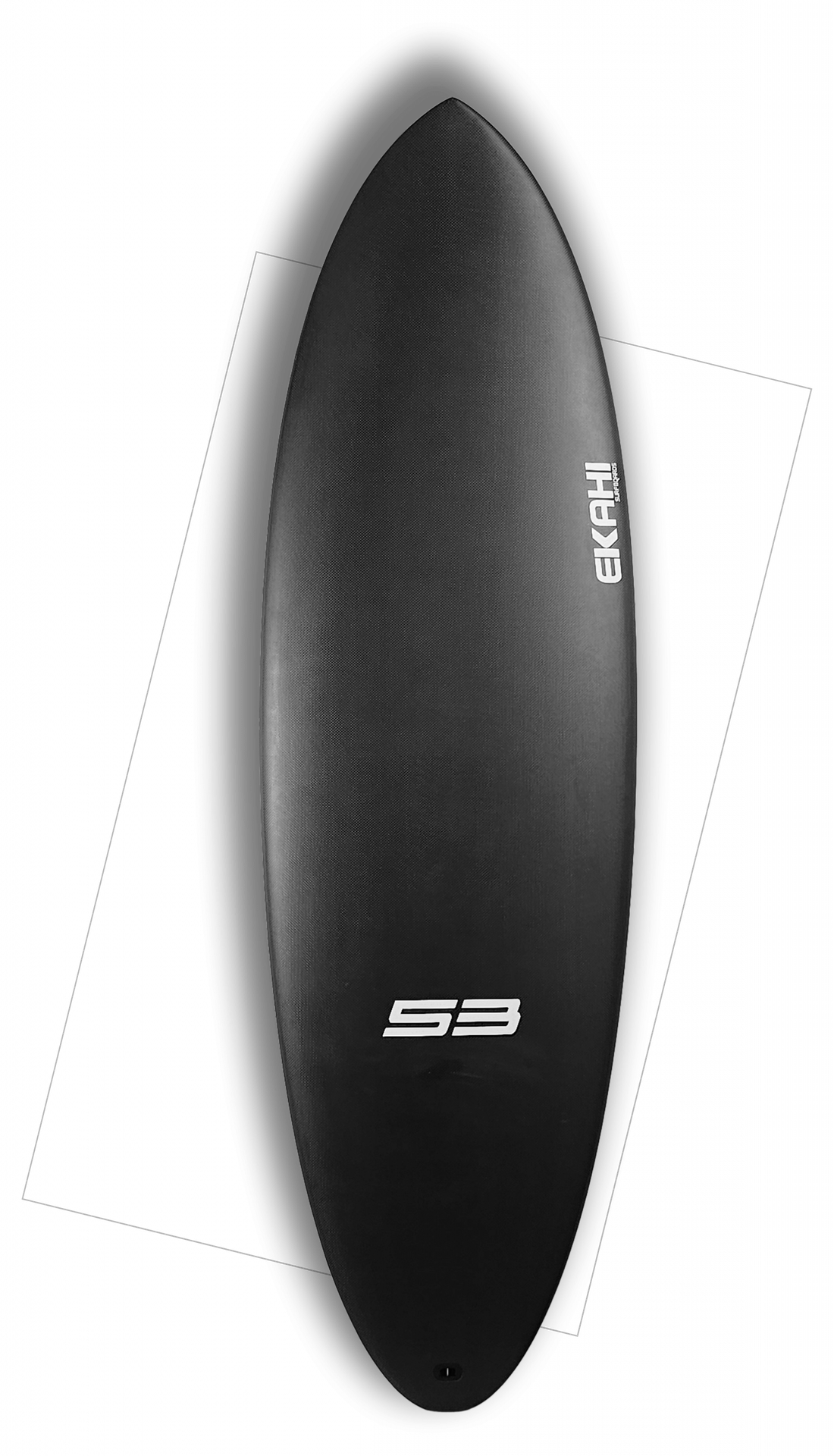Ekahi 53 black performance surfboard, deck view